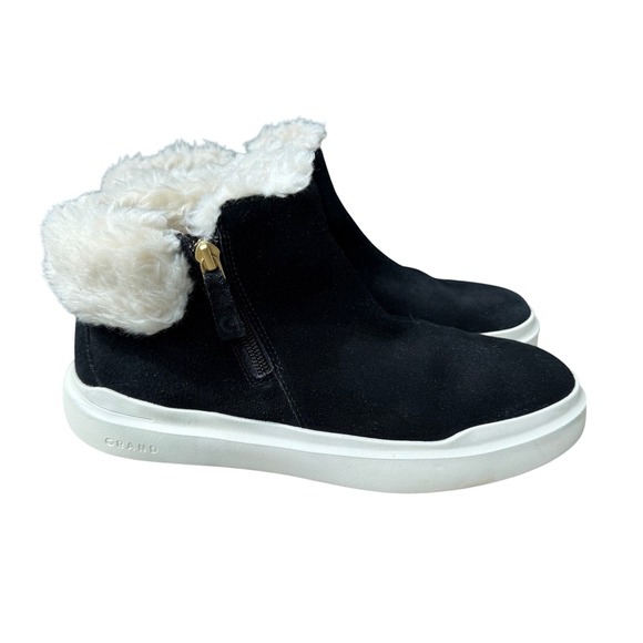 Cole Haan Grandpro Series Black Suede Faux Fur Trim Ankle Boots Women's Size 8B - Picture 1 of 9
